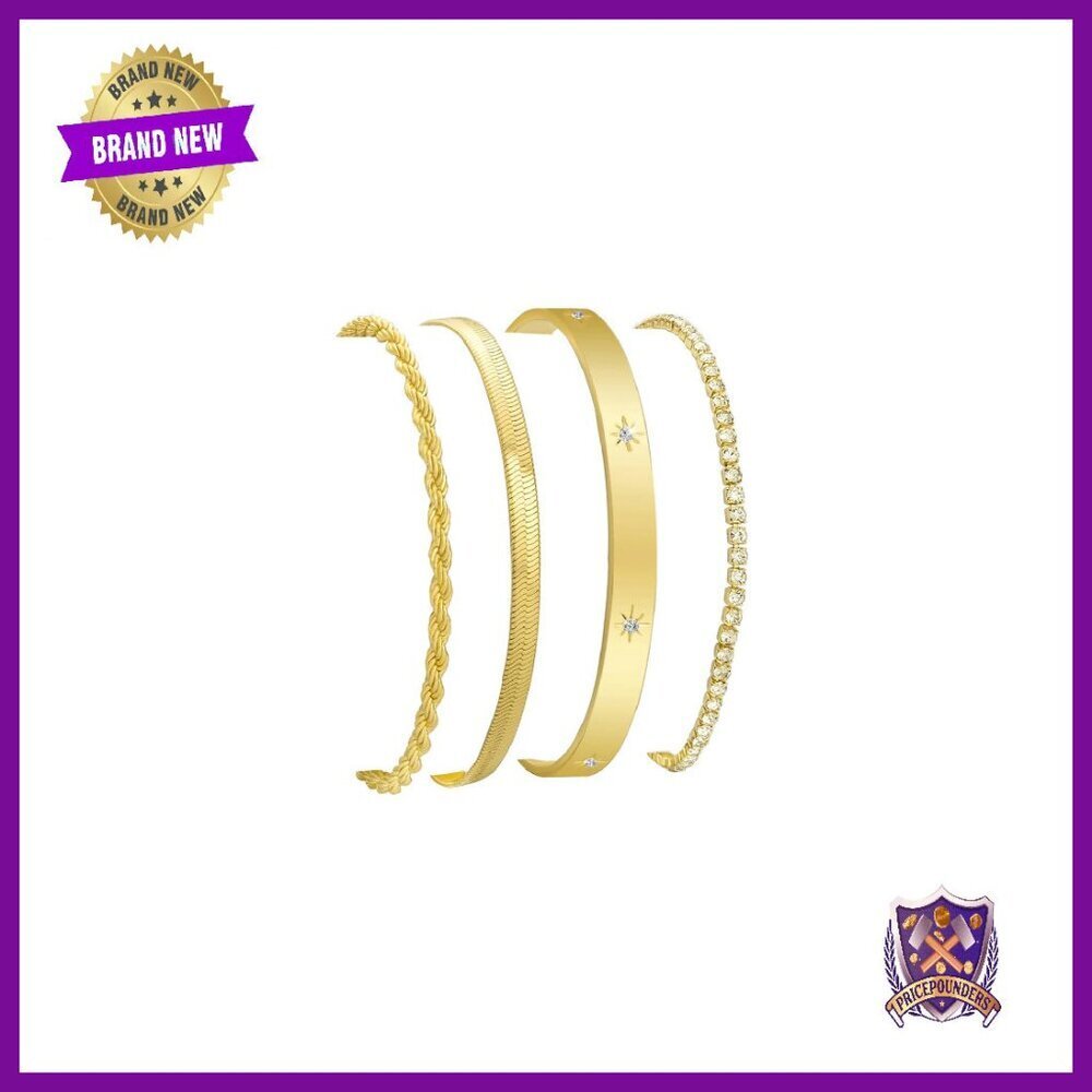 14K Gold Plated Stackable Bracelets Set Adjustable 8 Inch Length